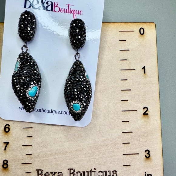 Black and Blue Teardrop Earrings with Turquoise Accent - Picture 3 of 3